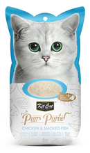 Cargar imagen en el visor de la galería, Kit Cat Purr Puree Chicken & Smoked Fish: snack cremoso para gatos con pollo y pescado ahumado. Sin granos, ideal como premio saludable.
Pack con 4 sticks de 15 g.
