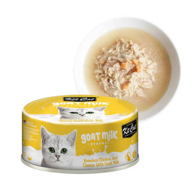 Kit Cat Goat Milk Gourmet Chicken & Cheese es un alimento húmedo para gatos, leche de cabra, pollo , queso