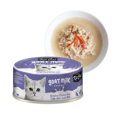 Kit Cat Goat Milk Gourmet Chicken & Crab es un alimento húmedo para gatos, leche de cabra , pollo, cangrejo