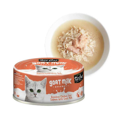 Kit Cat Goat Milk Gourmet Chicken & Salmon es un alimento húmedo para gatos, leche de cabra, pollo , salmon