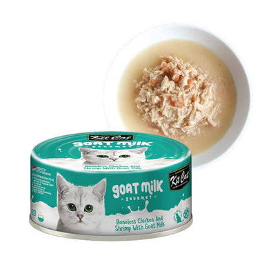 Kit Cat Goat Milk Gourmet Chicken & Shrimp es un alimento húmedo para gatos leche de cabra , pollo , camarones