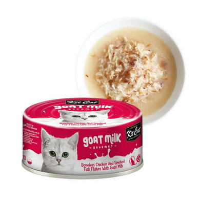 Kit Cat Goat Milk Gourmet Chicken Smoked Fish es un alimento húmedo para gatos, leche de cabra y pescado ahumado