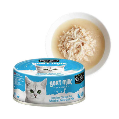 Kit Cat Goat Milk Gourmet Chicken &  Whitebait es un alimento húmedo para gatos, leche de cabra , pollo, sardina, pejerey