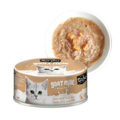 Kit Cat Goat Milk Gourmet Tuna & Cheese es un alimento húmedo para gatos, leche de cabra , atun y queso