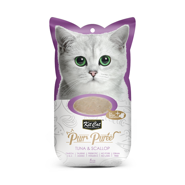 Kit Cat Purr Puree Tuna & Scallop, on atún y vieiras, alta palatabilidadsnack cremoso  Pack con 4 sticks de 15 g.